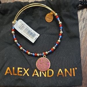 Alex and Ani Gold Bracelet with Red, Blue, and Silver Beads